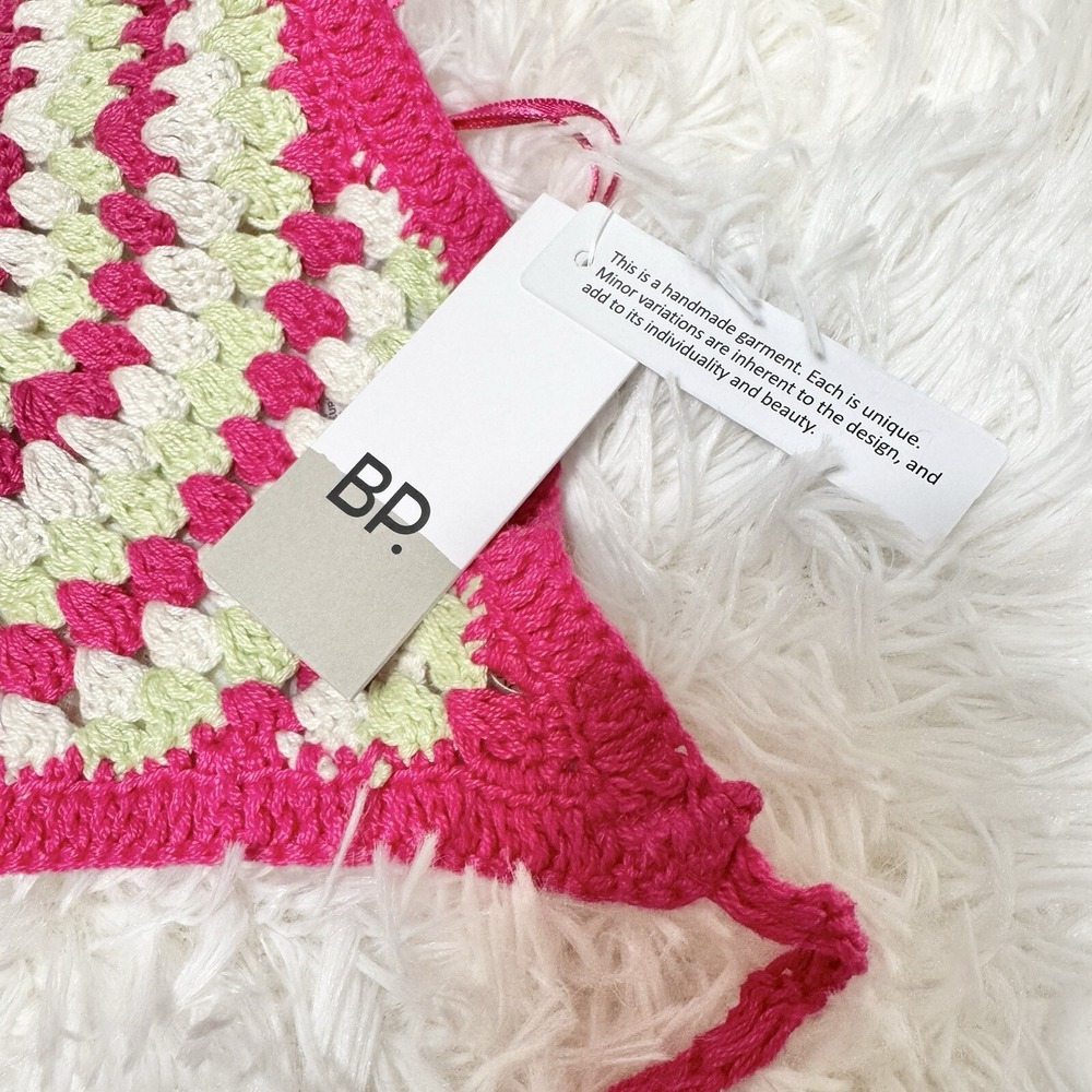 BP Pink White Green NEW Size XXS Handmade Crochet Handkerchief Festival Top - Picture 5 of 6